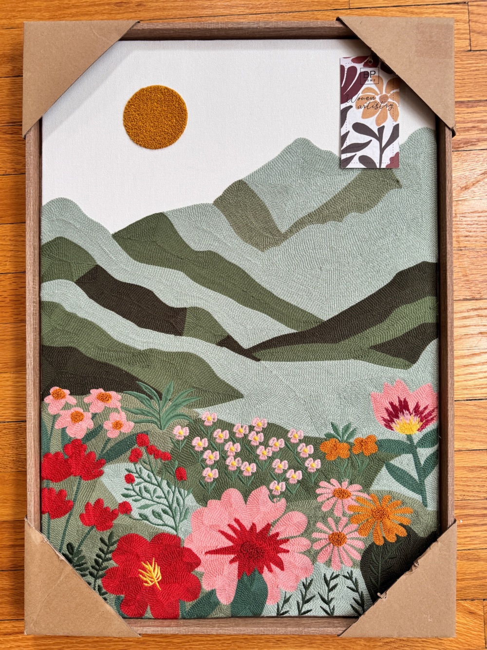 NWT BP Home Woven Embroidered Textile Wall Art Mountains Sunset 18”x 26”